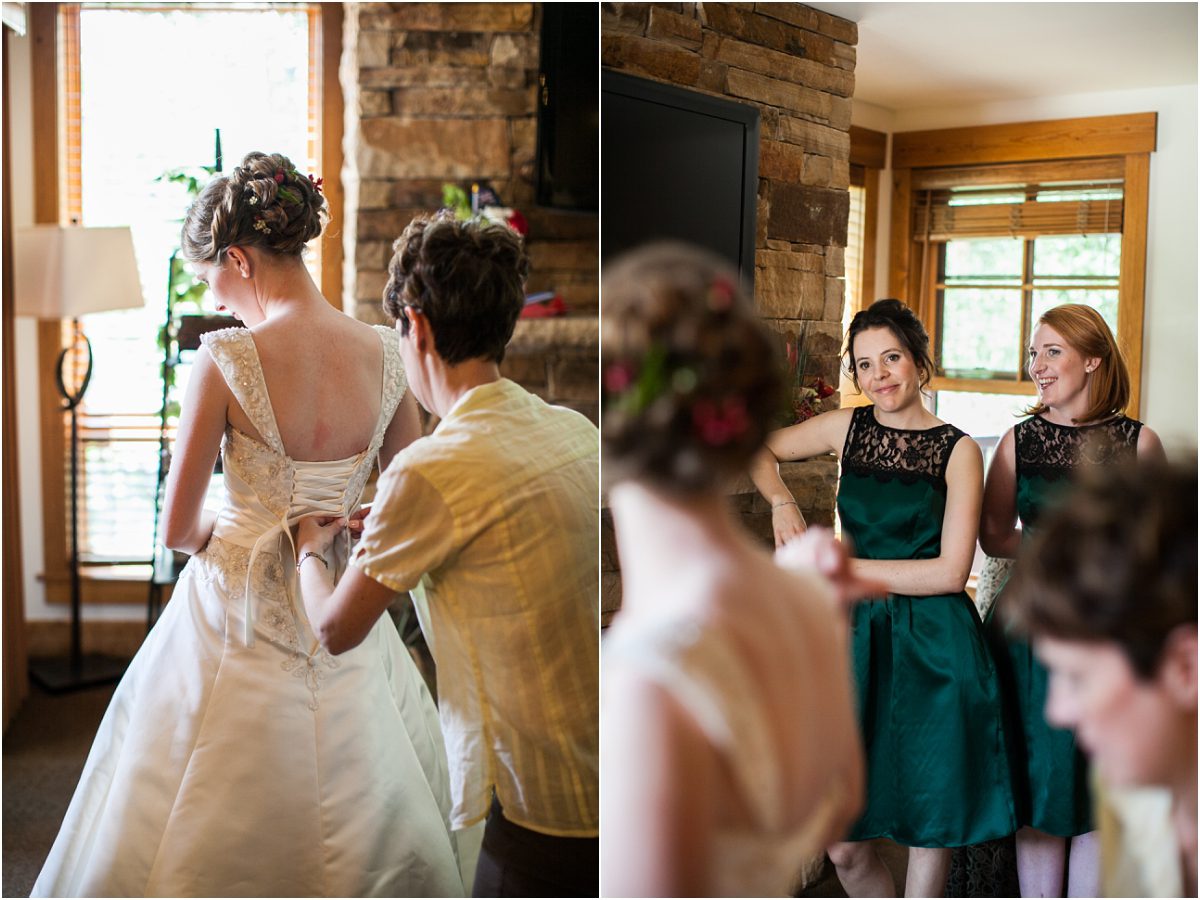 bride getting ready, putting on wedding dress, bridemaid dresses emerald green, destination wedding planning