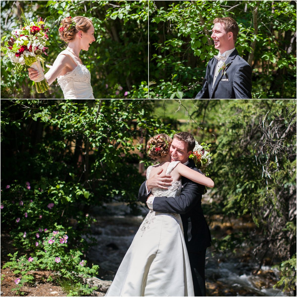 bride and groom first look at keystone ranch, wedding day portraits, colorado mountain wedding photography