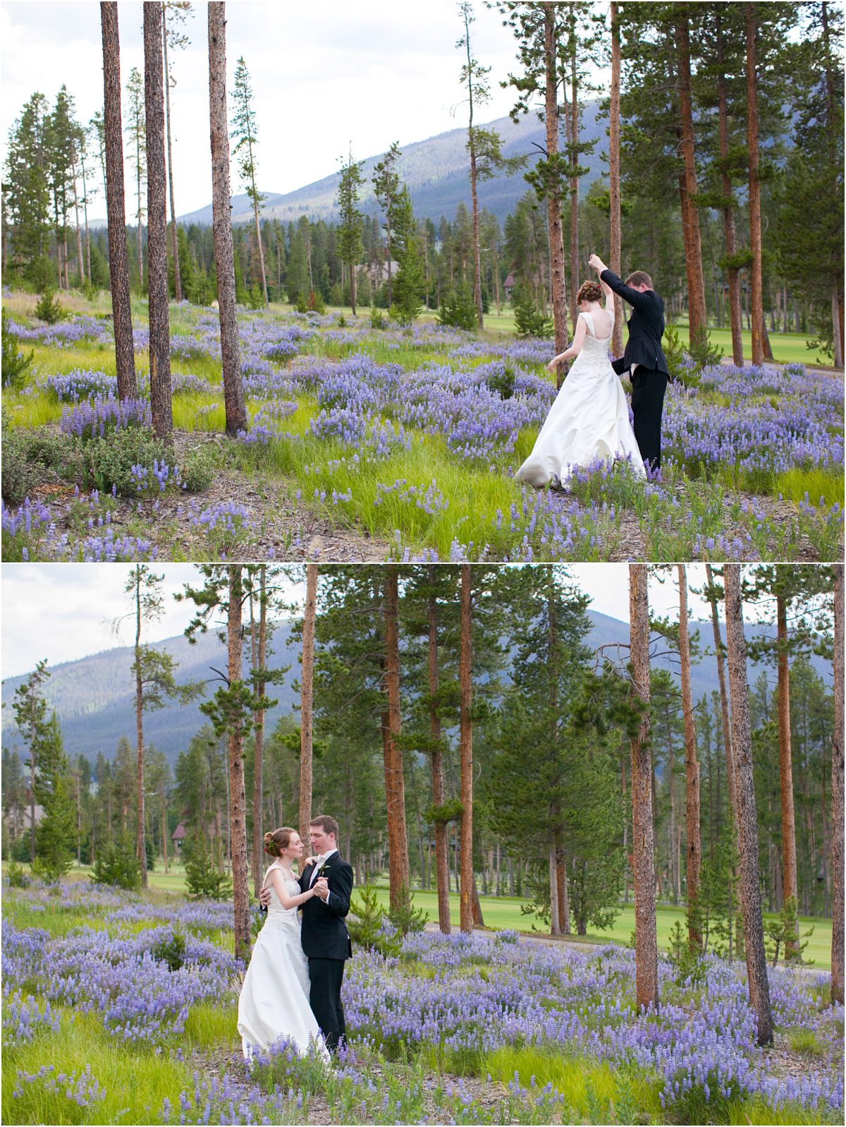 bride and groom dancing in the woods among wildflowers, keystone ranch wedding, mountain wedding planner