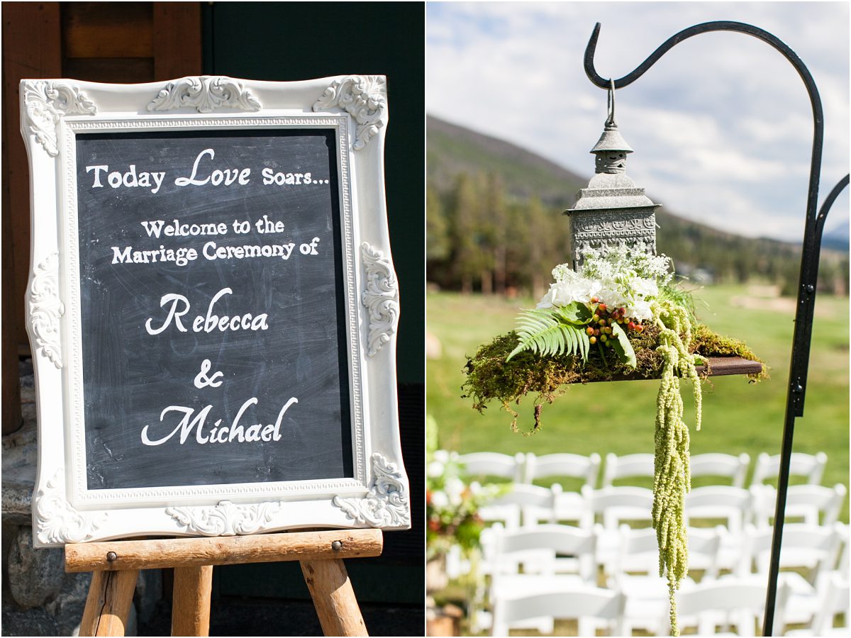ceremony details, real wedding, mountain wedding planner colorado, chalkboard ceremony sign, lantern with foliage