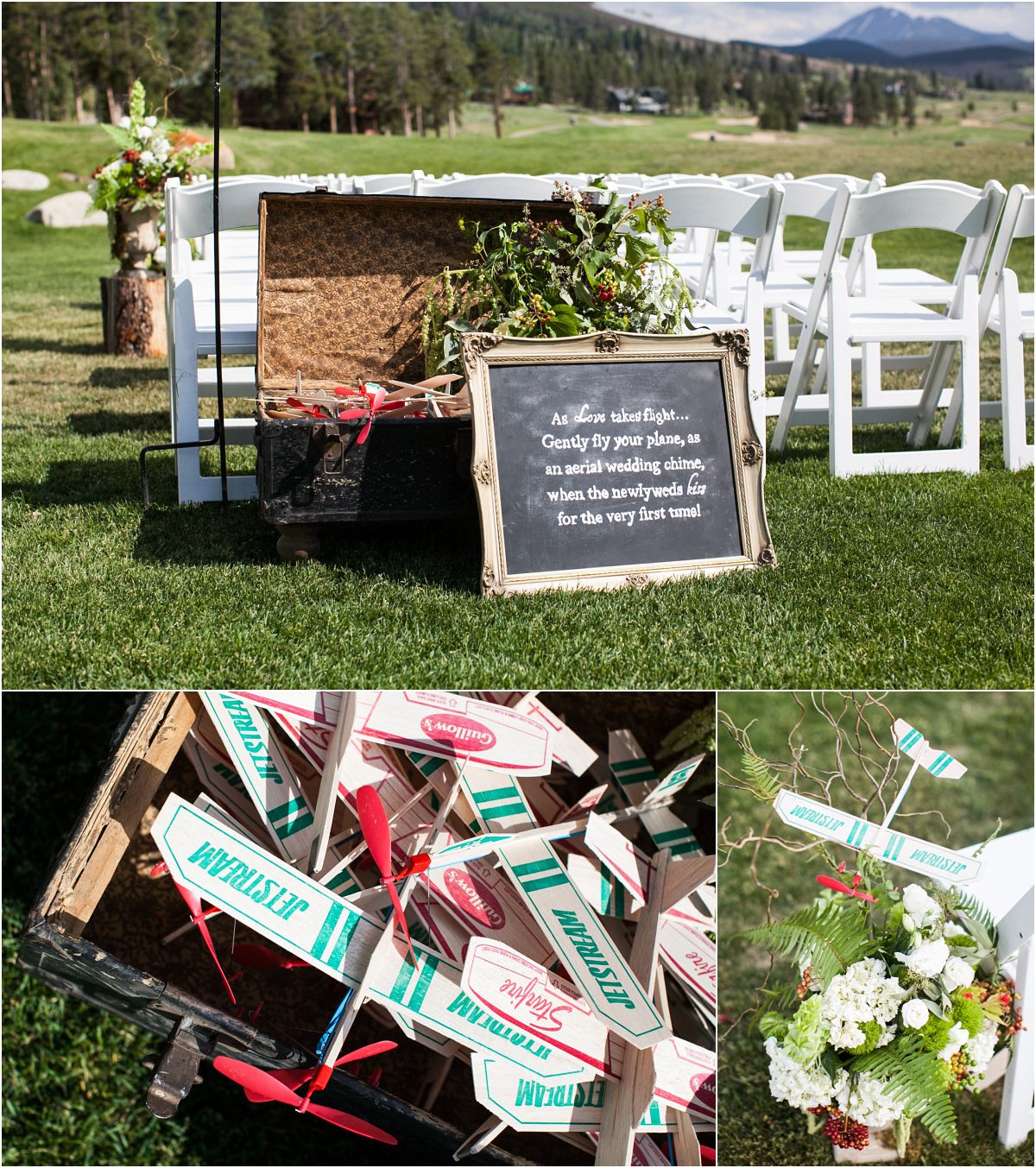 ceremony details, keystone ranch wedding, wooden airplanes, outdoor colorado mountain wedding planner