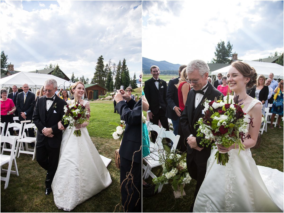 father walking bride down the aisle, wedding processional, outdoor ceremony at keystone ranch, mountain wedding planning, destination wedding photography