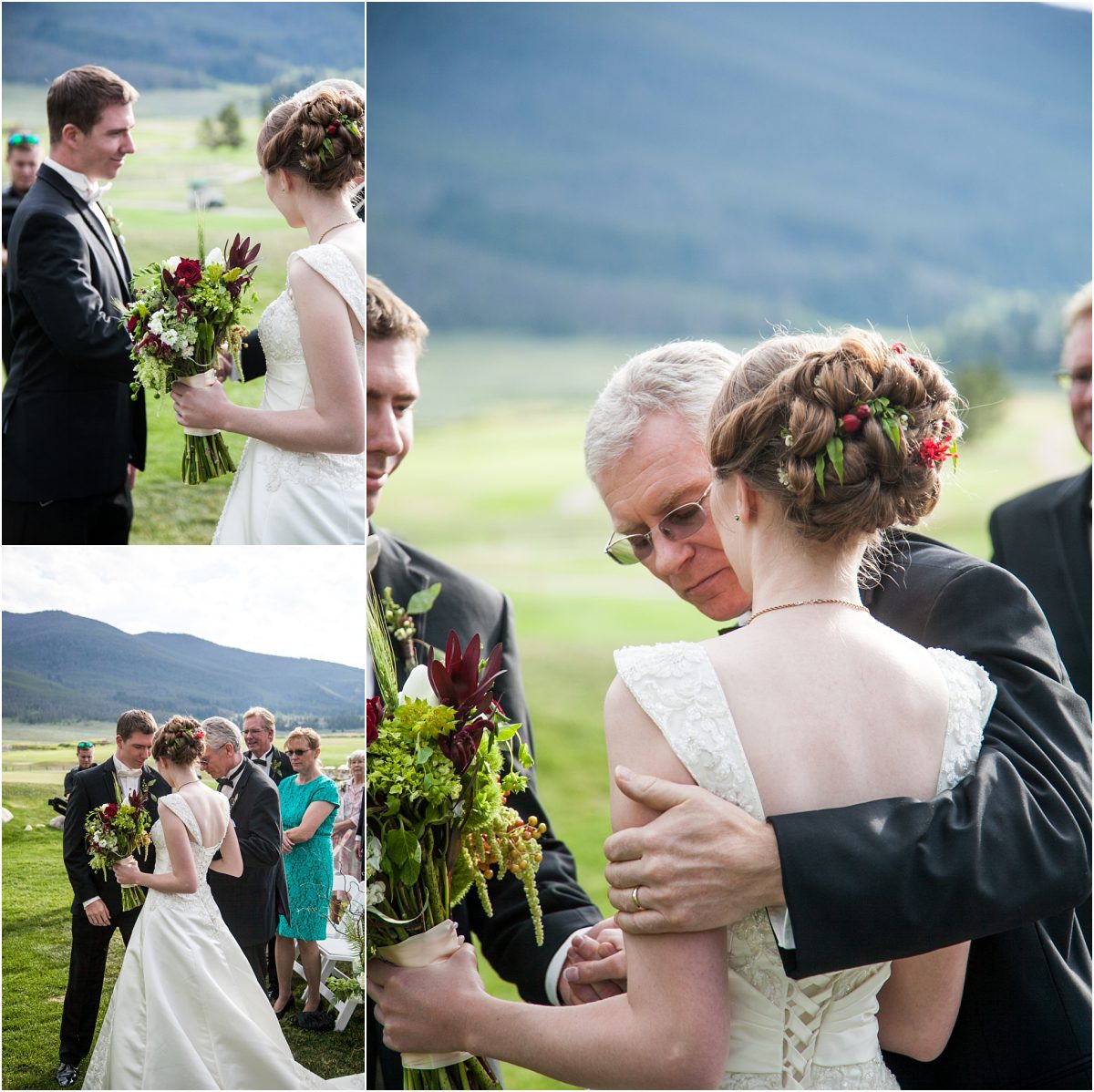 father handing bride off to groom, outdoor mountain ceremony, colorado wedding planning, keystone ranch wedding photoraphy