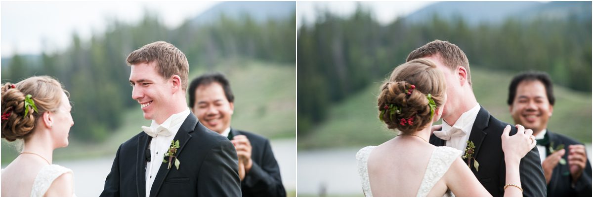 first kiss, keystone ranch wedding ceremony, destination wedding planner, mountain wedding photography