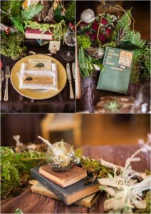vintage books, forest theme wedding, book marks, forest tablescape, frens, wood, place setting, keystone ranch