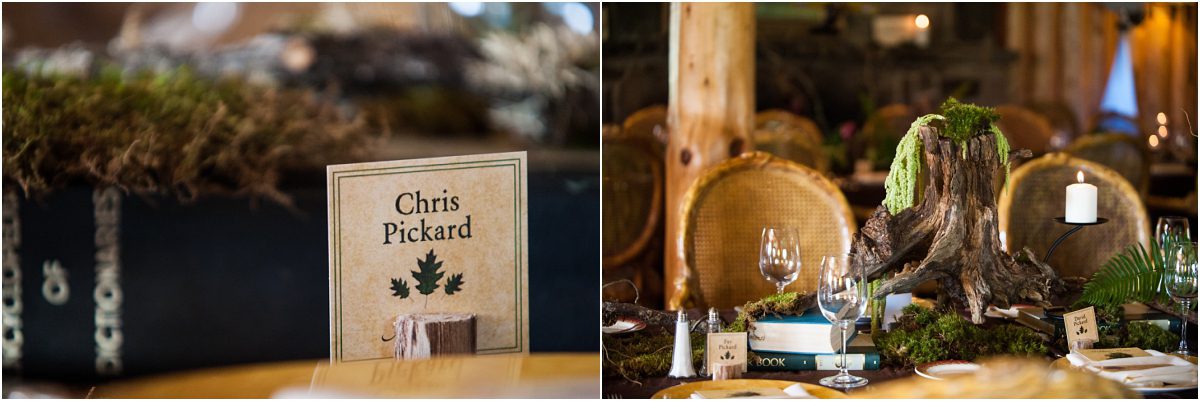 forest theme, place cards, organic wedding, literary theme, wood, ferns, tablescape, escort cards