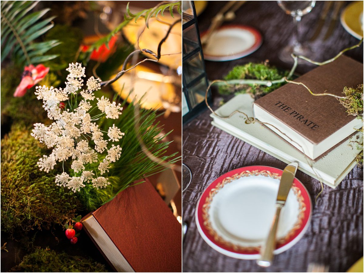 forest theme tablescape, the pirate, book, library wedding, wedding table design