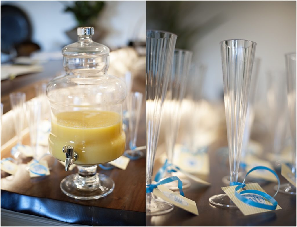 mimosas, champagne flutes, yellow, blue, baby shower