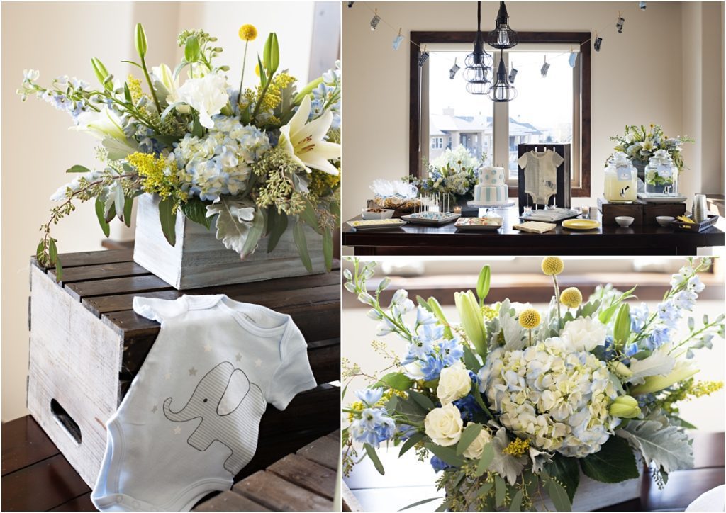 blue, yellow, white floral arrangements, elephant onesie, baby shower, hydrangea, billy balls, lily, spray roses