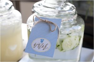 cucumber spa water, babay shower, calligraphy tag, blue stripes