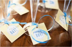 yellow striped gift tags, it's a boy, escort tags, baby shower, blue, yellow