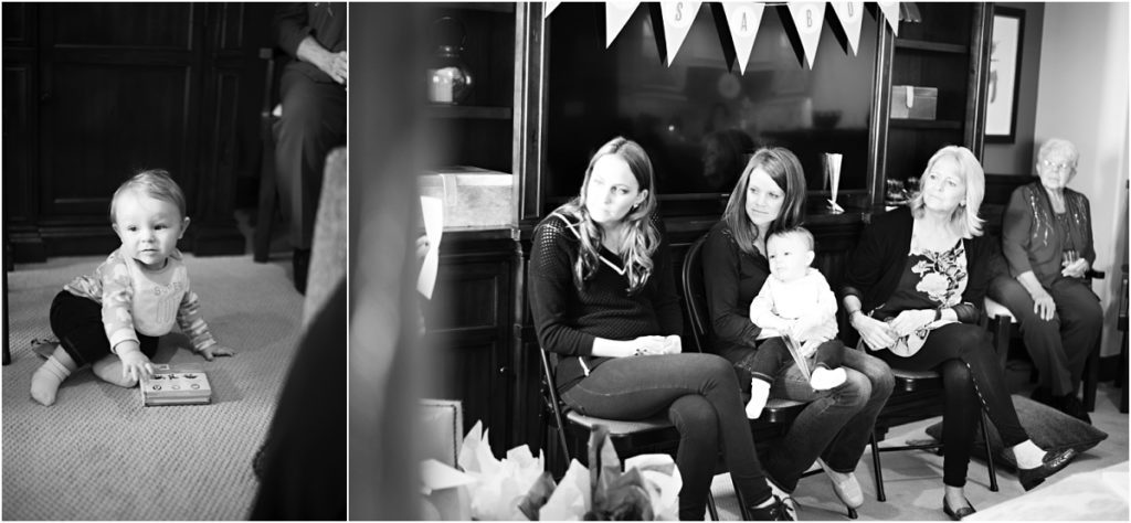 baby shower, party guests, little boy, black + white