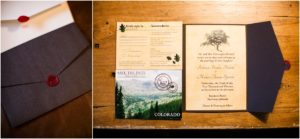 custom wedding invitations, tri-fold invitation, wedding invitation, wood grain, colorado mountain, save the date, forest theme wedding