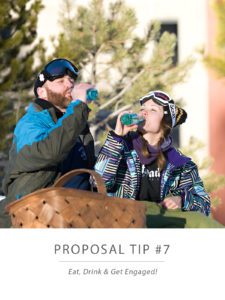 enaged couple drinking champagne after skiing at Breckenridge Ski Resort