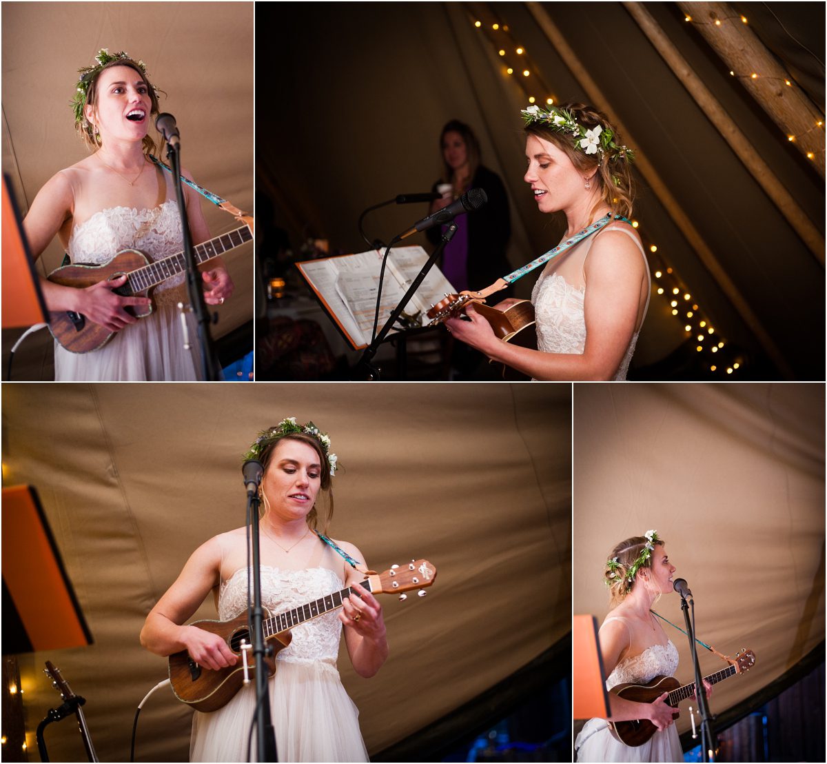 bride singing and playing ukelele during wedding reception, under the sky teepee tent